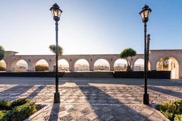 Portals at the Yanahuara viewpoint at dawn without people in Arequipa Peru