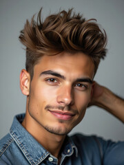 Fototapeta premium An image of a man with voluminous hair styled up wearing a denim shirt, posing with a slight smile suggests a casual and trendy look, perfect for contemporary fashion themes.