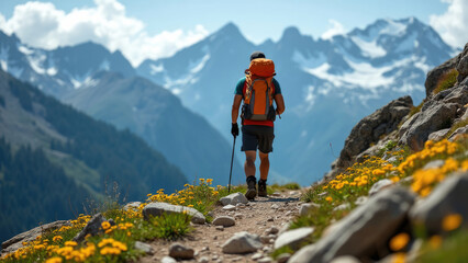 A hiker with an orange backpack and trekking pole walks along a trail adorned with yellow flowers, with a backdrop of snow-capped mountains under a bright blue sky.