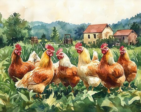 A watercolor painting of Cornish broilers in a lush farm setting