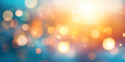 Obraz premium Abstract Blurred Glow Overlay: Lens Flare and Bokeh Sunlight Effect. Vintage Lighting with Defocused Orange, Blue, and White Light. Elegant Christmas and New Year Design Template for UI, Web Posters, 