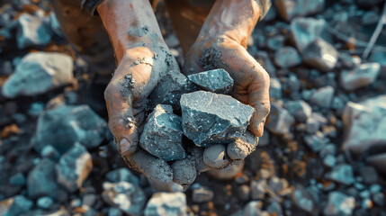 Fototapeta premium Someone holding a handful of small, gray rocks.