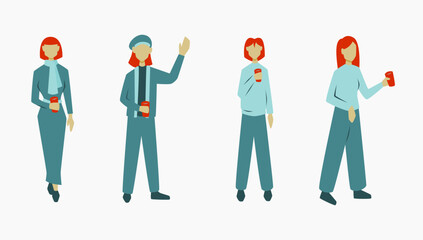 Set of girls holding a cup of coffee in a cold day, autumn and winter illustration, design source for poster and banner