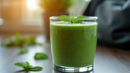 A clear glass of mint green smoothie adorned with fresh mint leaves, creating a refreshing visual appeal. This image embodies health, refreshment, and nourishment, ideal for promoting a healthy and vi