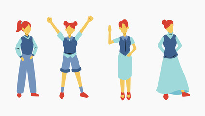 Fototapeta premium Set of girls using vest semi formal style with cute hairstyle, back to school illustration resource for posters and banners