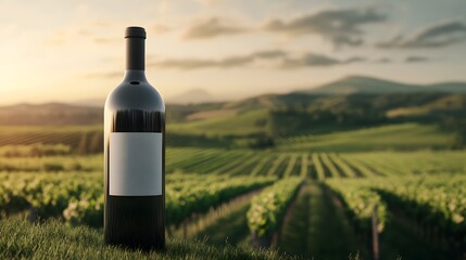A bottle of wine is sitting on a grassy hillside