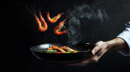 chef throwing shrimps in a pan