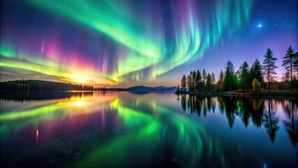 A stunning aurora borealis display over a peaceful lake , Aurora borealis, northern lights, serene, lake, reflection, colorful