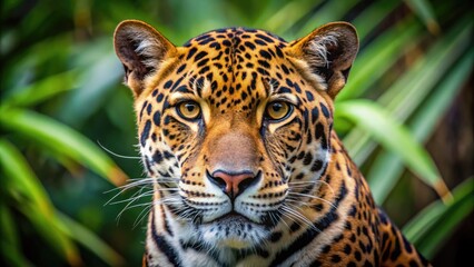 Obraz premium Close-up of a majestic jaguar's head, its tawny fur and distinctive black spots showcased against a blurred green jungle background, eyes gazing intensely forward.