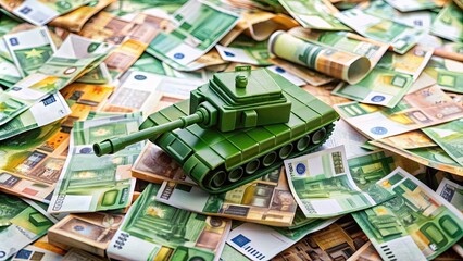 Close-up of a massive pile of crumpled euro banknotes surrounding a small green toy tank, symbolizing war on financial crisis or economic turmoil.