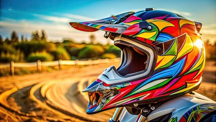 Close-up of a motocross helmet with a bold, colorful design and vibrant graphics, sitting on a dirt bike's seat in a sunny outdoor setting.
