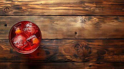 Negroni cocktail seen from above on a wooden table