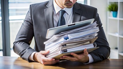 CLOSE-UP OF A PERSON HOLDING A STACK OF TAX-RELATED DOCUMENTS AND A CALCULATOR, WITH A CONCERNED EXPRESSION, SYMBOLIZING IRS AUDIT STRESS AND FINANCIAL ANXIETY.
