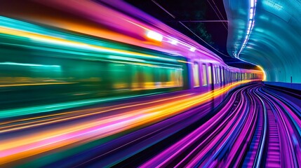 Futuristic Train Speeding through Twilight Tunnel with Vibrant Green and Purple Light Trails