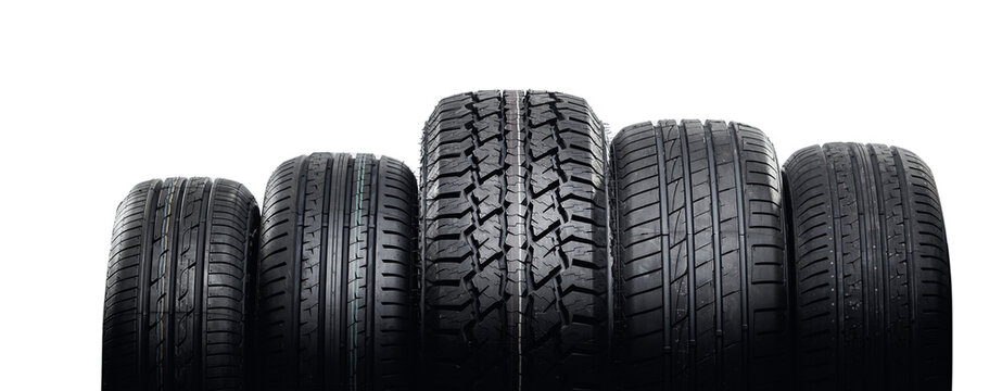 Five set car tire black color on white isolated background banner.