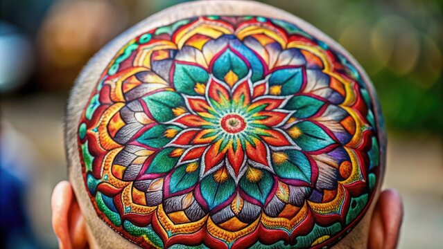 Close-up of a person's scalp with a vibrant, multi-colored tattoo of a mandala design, intricately patterned with swirling shapes and bold lines.