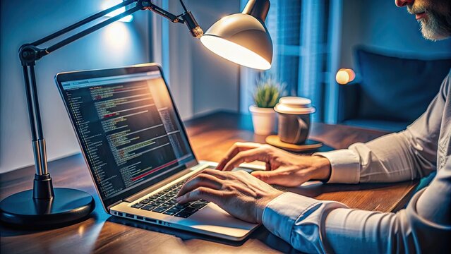 Close-up of a programmer's hands typing on a laptop keyboard, with lines of code on the screen in a terminal window, lit by a desk lamp.
