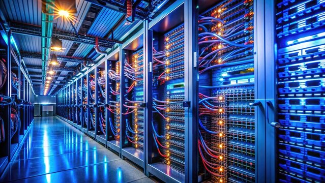 Close-up of a server room with rows of humming machines, cables, and blinking lights, showcasing a company's robust IT infrastructure management and support system.