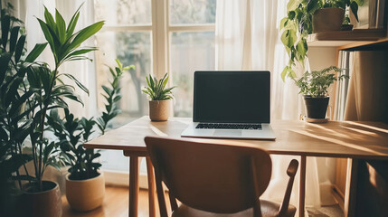 Fototapeta premium Home Office Workspace with Indoor Plants and Natural Light