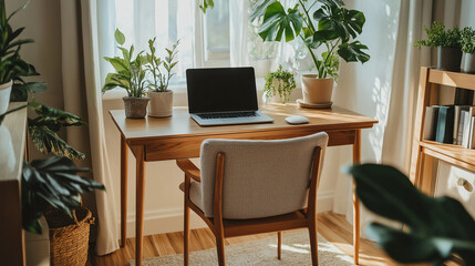 Fototapeta premium Home Office Workspace with Indoor Plants and Natural Light