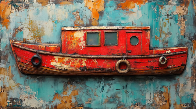 Vibrant Tole Painting of Red Canal Boat with Textured Detailing