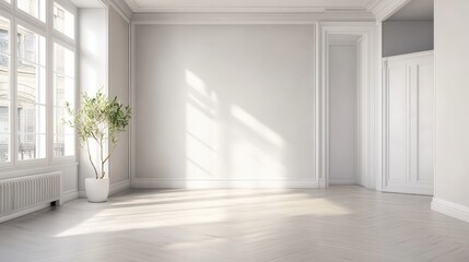 Obraz premium a white room with a large window and a door. There are shadows from the light coming through the window.