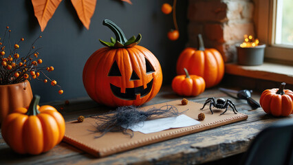 Obraz premium High-resolution photograph of Halloween decorations, featuring a festive cup of drink, small pumpkins, and a spooky spider, all arranged on a rustic brown and stone backdrop