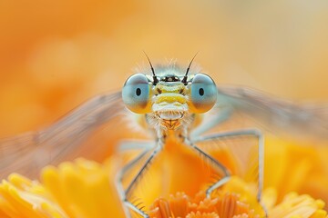 A dragonfly sitting on top of a yellow flower