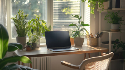Fototapeta premium Home Office Workspace with Indoor Plants and Natural Light