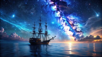 Pirate ship sailing into a bioluminescent sea with a galaxy in the sky, pirate, ship, sailing, bioluminescence, sea, galaxy