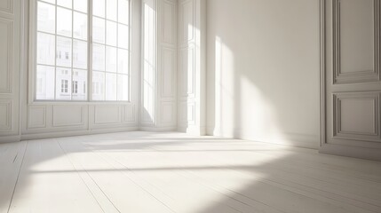 Obraz premium a white room with a large window and a door. There are shadows from the light coming through the window.