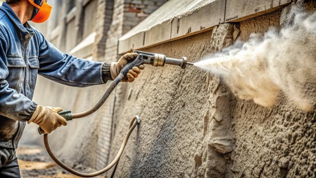 Close-up of a worker's hand operating a pneumatic nozzle, spraying a layer of shotcrete onto a concrete surface, with a dusty, rugged background.