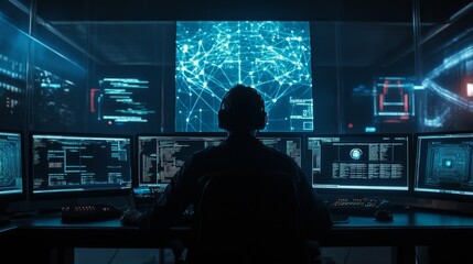 A cybersecurity expert in a dark room, surrounded by multiple screens showing AI-driven threat detection systems, as they defend a network against cyberattacks in real-time