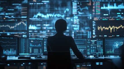 AI-driven financial analysis, with a trader surrounded by floating graphs and stock market data, as an AI assistant provides real-time insights and predictions in a futuristic trading floor