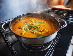 Chicken curry in a pan on a gas stove, close-up