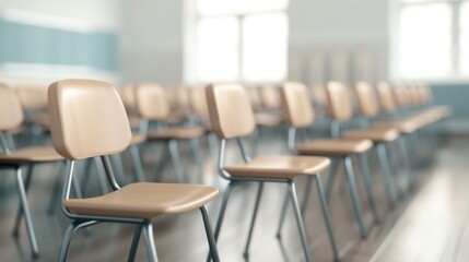 Empty Classroom with Wooden Chairs and Desks. Generative ai