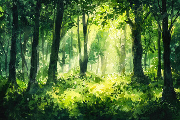 Obraz premium A serene glimpse into a vibrant forest bathed in sunlight, showcasing nature's beauty and tranquility in every leaf.