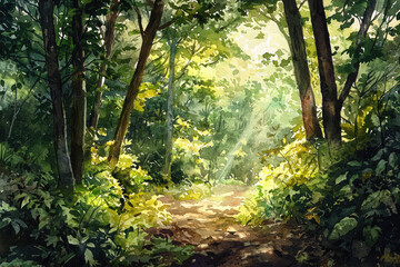 Fototapeta premium Explore the Serenity of a Sunlit Forest Path, Where Nature's Beauty Awaits and Tranquility Embraces the Senses Unforgettable
