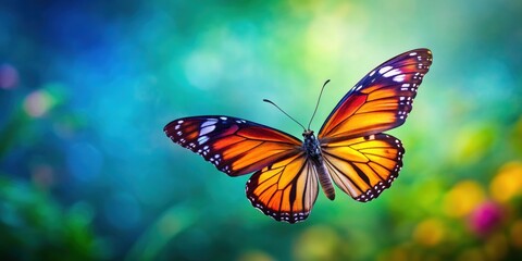 Fototapeta premium Vibrant butterfly in flight isolated on background, butterfly, blue, yellow, orange, beautiful, wings, flying, isolated,background