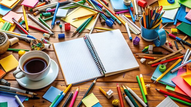 Cluttered desk with scattered papers, colorful pens, and an open sketchbook, surrounded by inspirational quotes and empty coffee cups, exuding creative chaos.