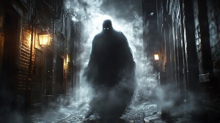 Obraz premium Ethereal Phantom of Dark Smoke in Shadowy Alley with Eerie Streetlights - Concept Art of Mysterious Figure
