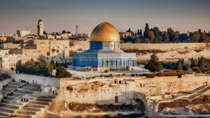 Panoramic View of Jerusalem's Old City: The Dome of the Rock Amidst Ancient and Modern Architecture