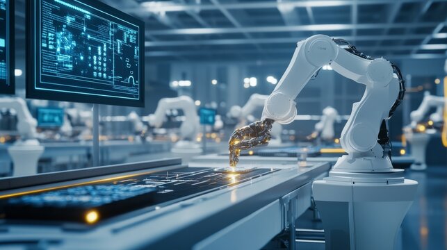 AI-powered robotics in a manufacturing plant, with machines assembling products with precision, while engineers monitor the process through augmented reality interfaces