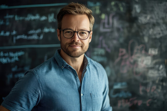 Confident man in glasses exudes intelligence and approachability against a backdrop of creative ideas and chalkboard sketches.