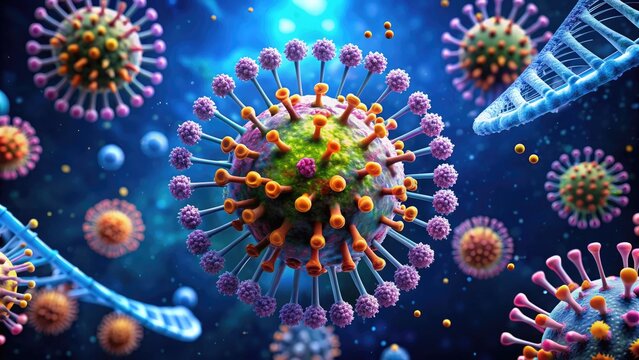 Colorful 3D illustration of a mutated virus strain, with irregular spikes and membranes, surrounded by DNA helices and floating in a dark blue background.
