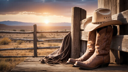 A cowboy hat on an old wooden fence, near a pair of old cowboy boots, nostalgic image