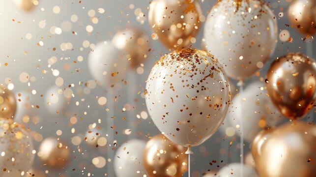 Festive Celebration Backdrop, vibrant gold confetti and colorful balloons create a joyful atmosphere, perfect for parties and special occasions