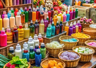 Fototapeta premium Colorful array of toiletries on display at an outdoor marketplace, featuring diverse brands of shampoos, soaps, and cosmetics from local vendors in Bogor.