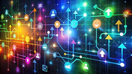 Obraz premium Colorful arrows and icons representing data flow, traffic, and network connectivity, blending modern concepts with minimalistic design, ideal for technological and business presentations.
