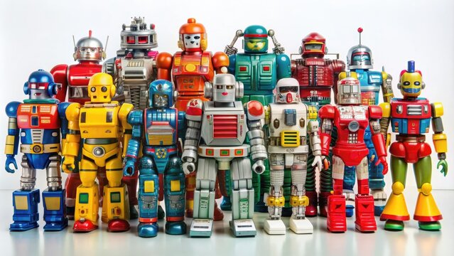 Colorful array of vintage robot action figures standing in battle-ready poses on a white background, showcasing intricate details and nostalgic appeal.